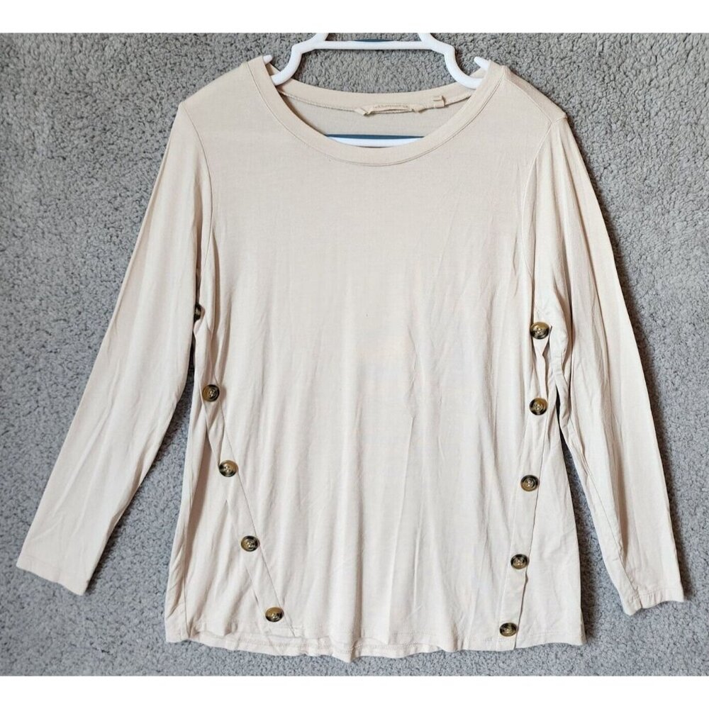 Soft Surroundings Women's Long Sleeve Tunic Top Side Buttons Rayon Blend Beige M